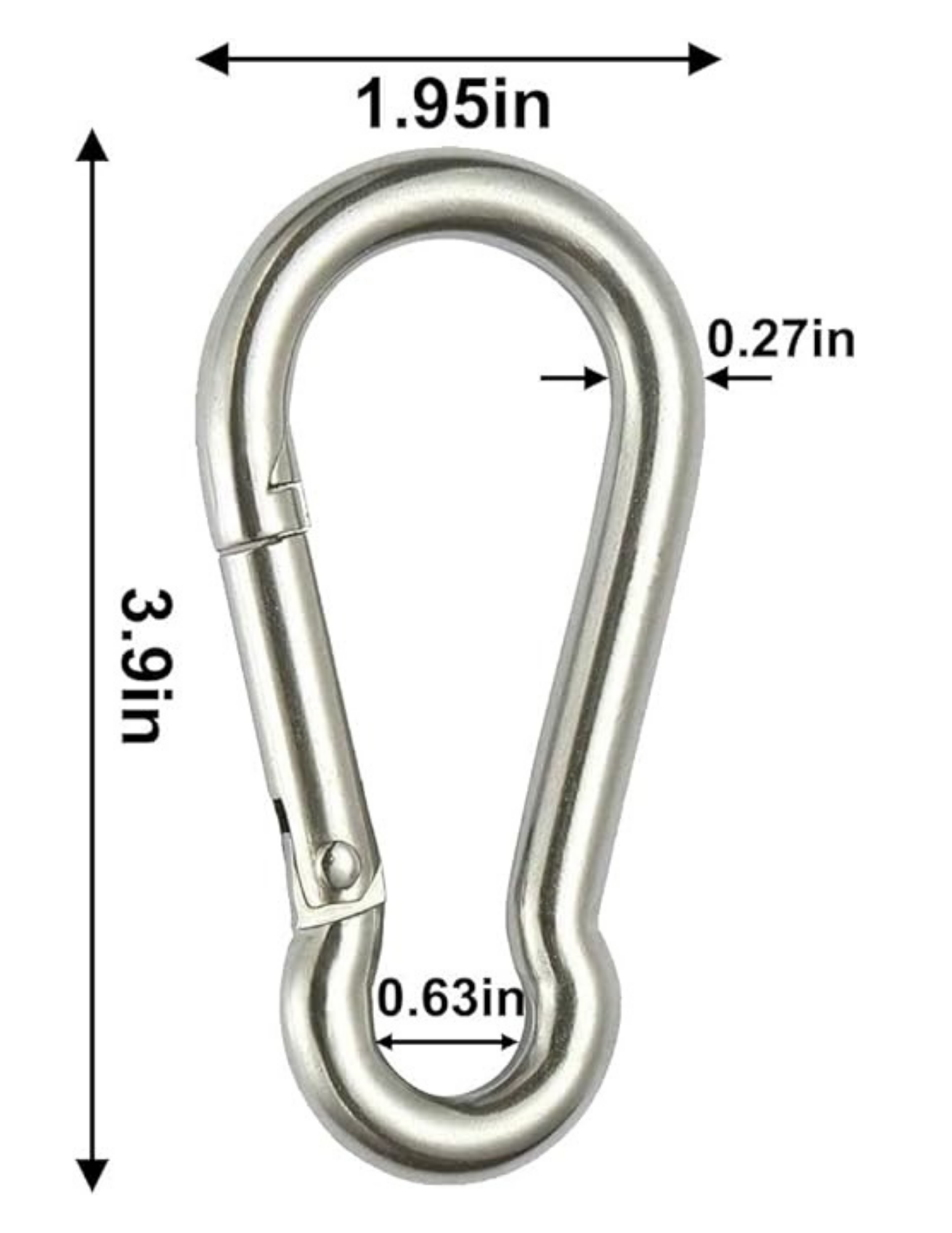 carabiner 1.95 inches wide, 3.9 inches tall, .27 inches in thickness, .63 inches diameter inside of bottom (small) loop